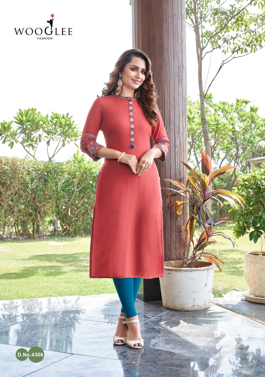 Wooglee Sakshi  Fancy Festive Wear Heavy Rayon Embroidery And  Handwork Designer Rayon Kurtis Collection 